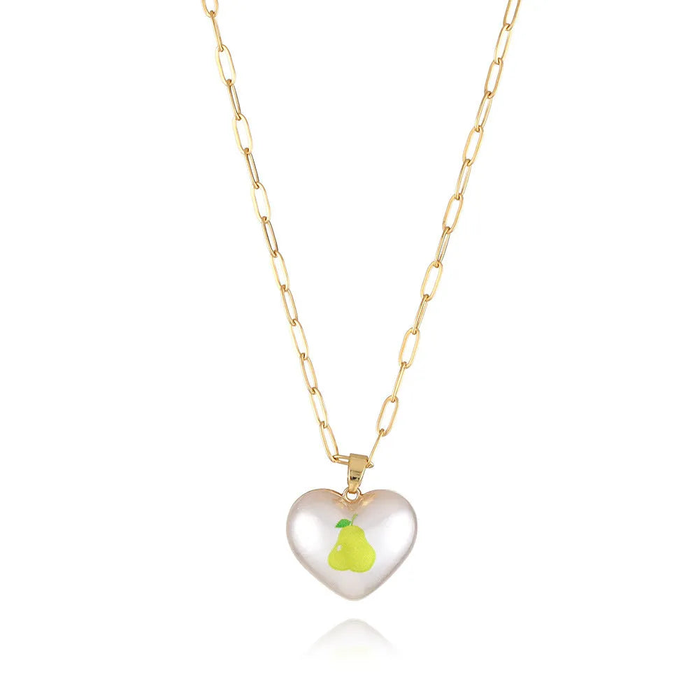 Geometric fruit pendant necklace with adjustable chain showing Apple, Cherry, Pear, Pineapple and Strawberry colour variations