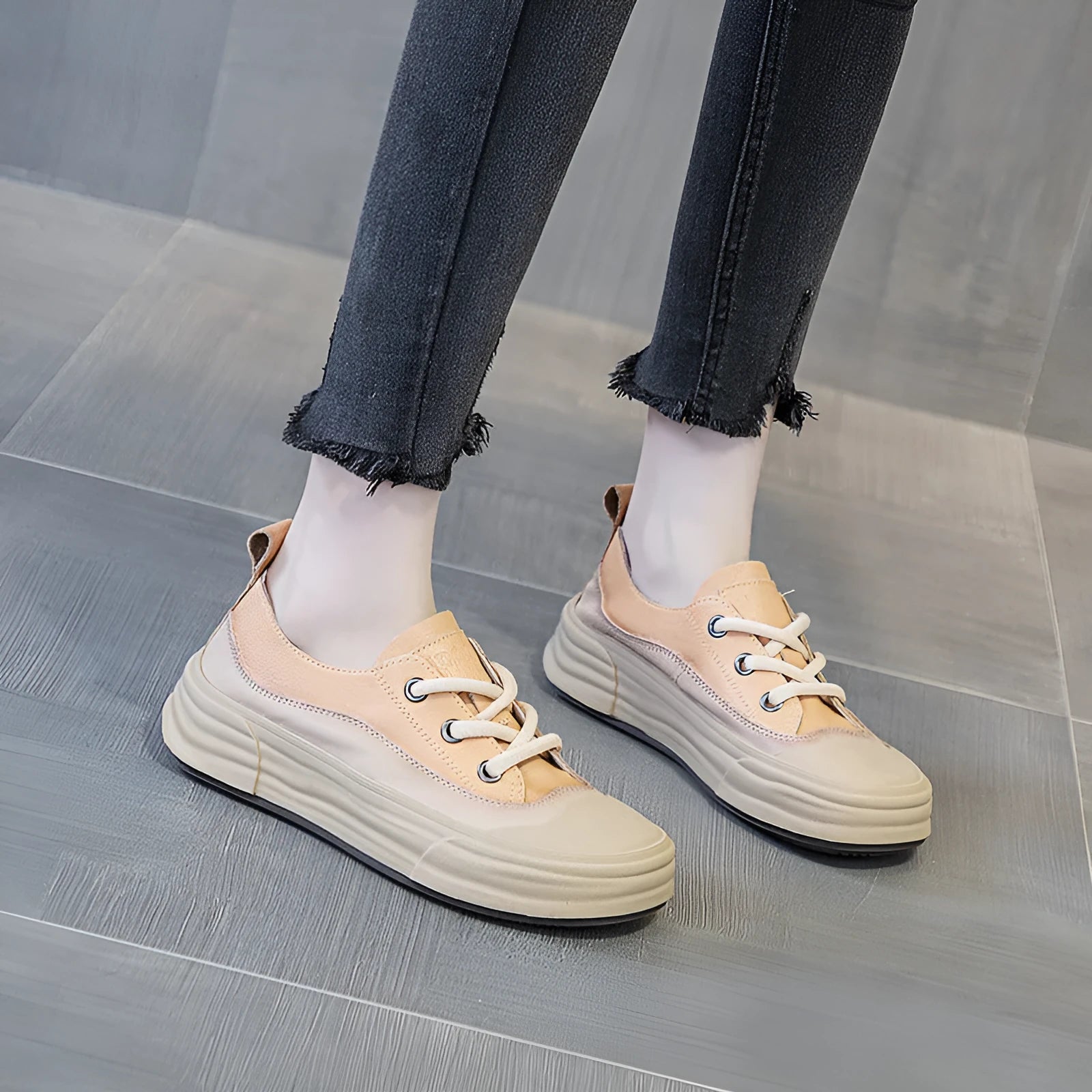 Women's leather platform sneakers in matcha green, orange, and purple colours showing round toe and lace-up design