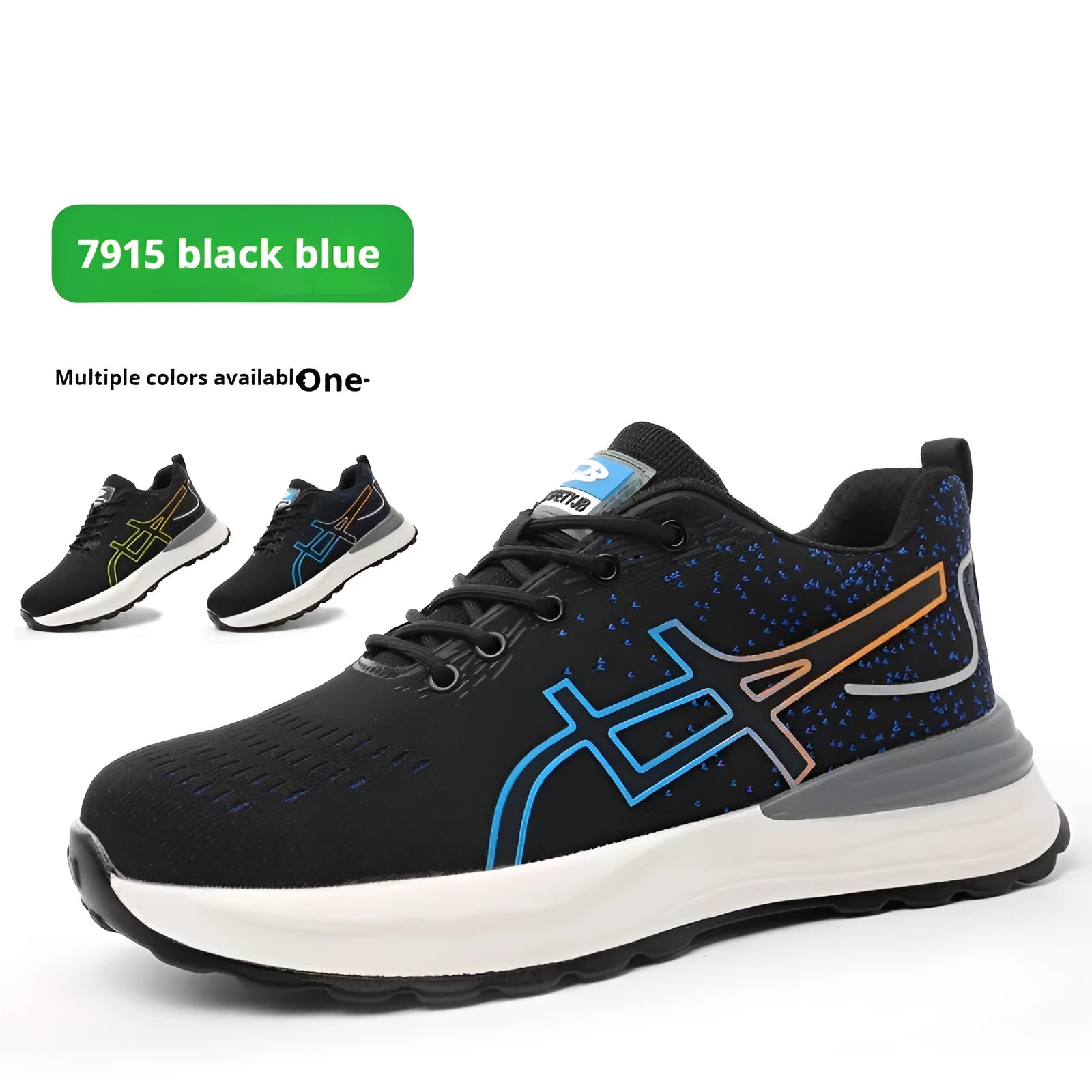 Low-cut safety work boots with mesh upper, rubber tendon details, in black blue colour