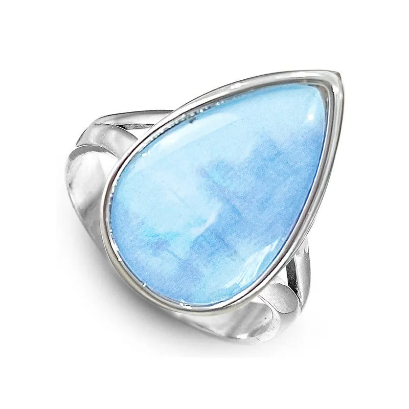 Copper ring with water drop geometric shape and white gold electroplated finish