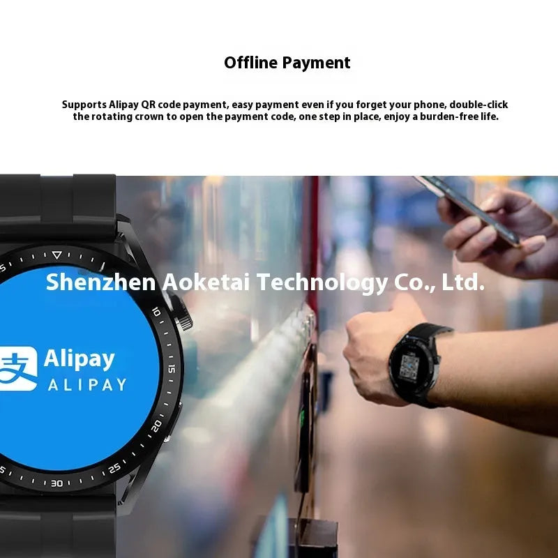 Smart watch with offline payment and voice assistant in black colour on a table