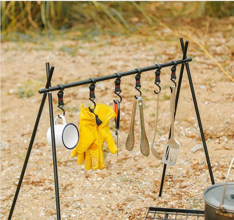 Aluminium alloy foldable camping drying rack with triangle frame and multiple hooks