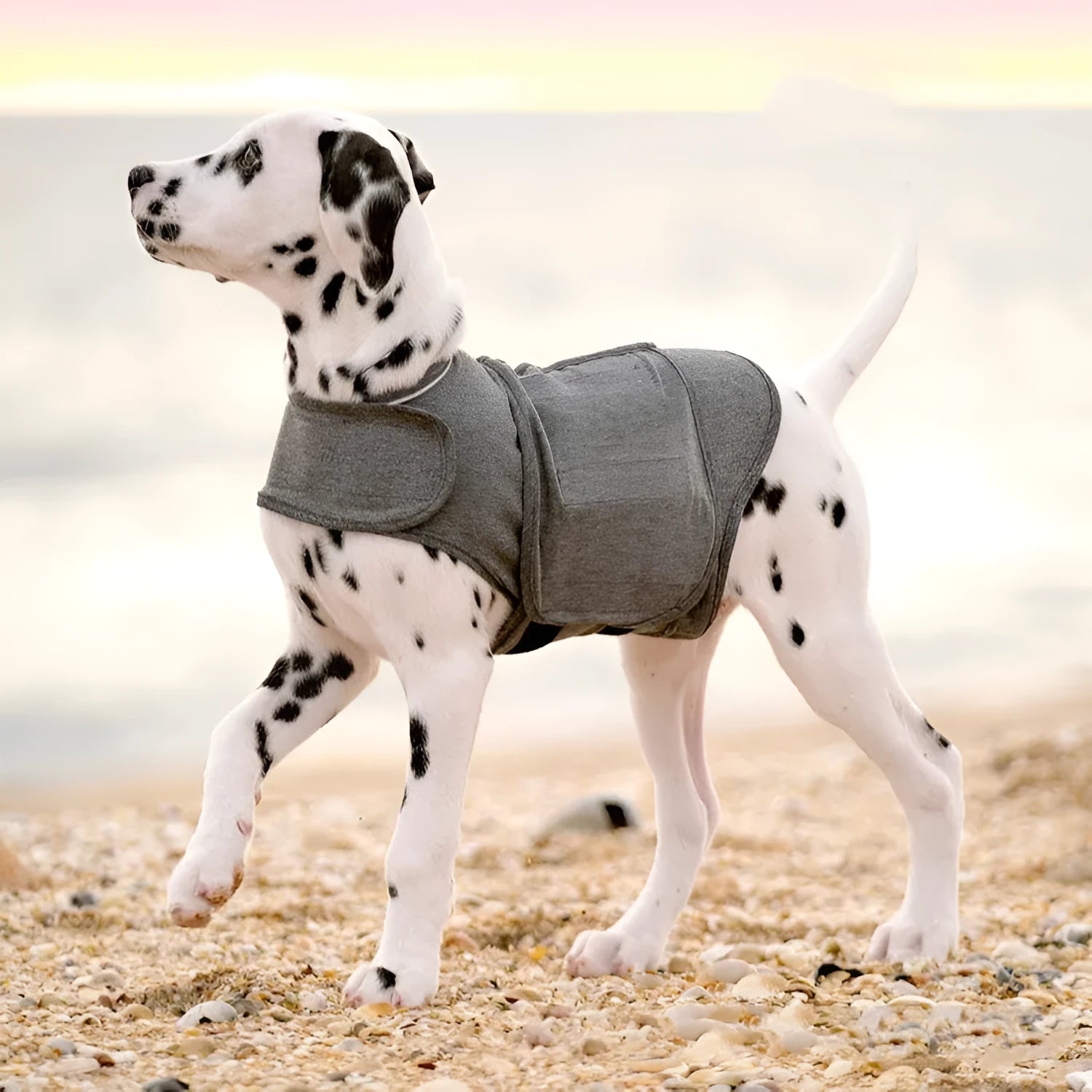 Heather grey dog anxiety jacket vest on a size chart showing seven options from XXS to XXL.