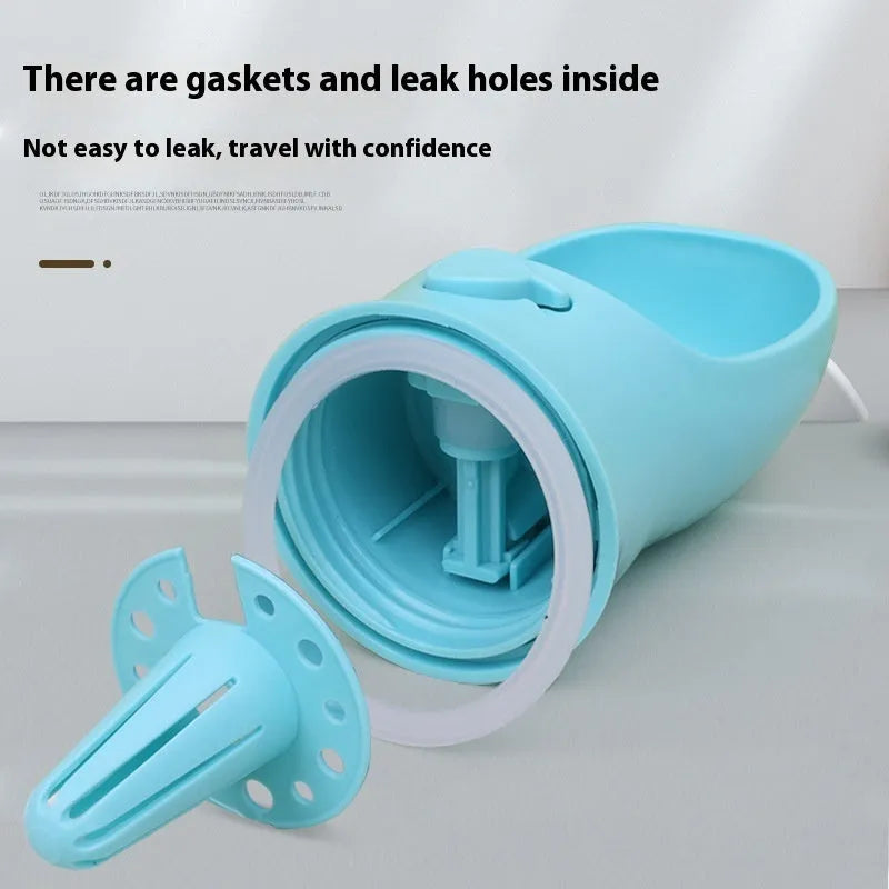 Blue portable dog drinking cup with two-in-one design and split water grain feature