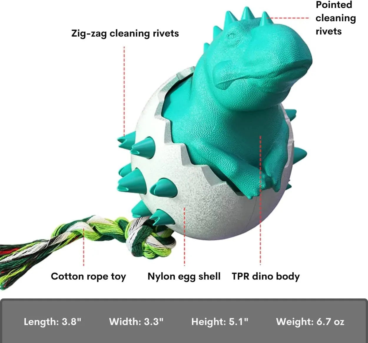 Blue dinosaur-shaped dog chew toy with an attached nylon rope on a neutral background.