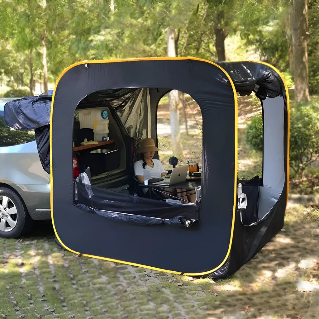 Black pop-up outdoor camping car tail tent unfolded to 200cm dimensions with quick account throw design