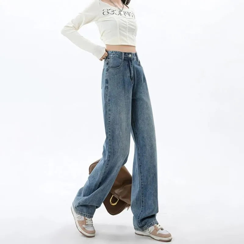 Women's retro blue wide leg jeans with high waist and straight leg design