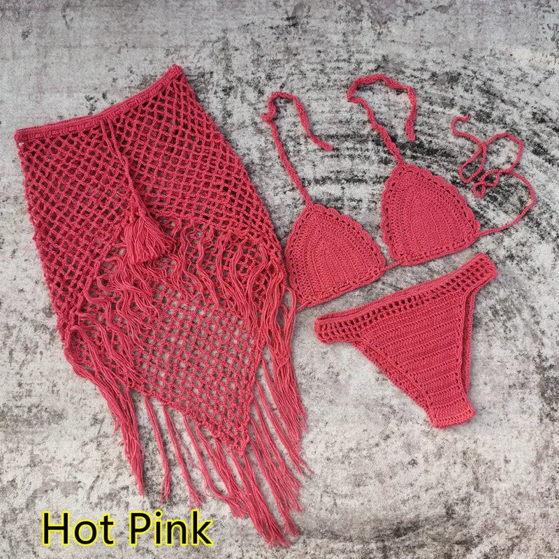 Women's 3-piece handmade crochet bikini set with nylon lining in solid colour options for beach and swimming.