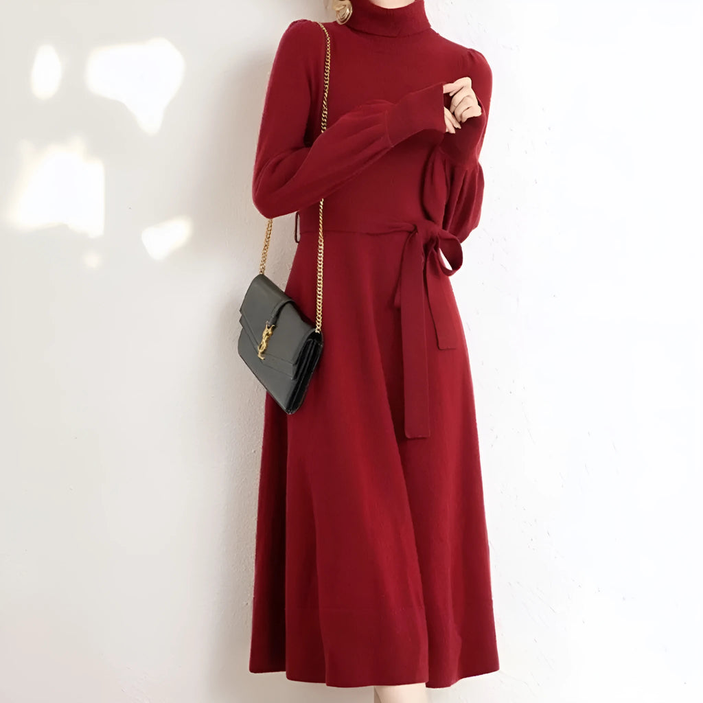 Women's solid colour turtleneck knit dress with long sleeves and elastic waist