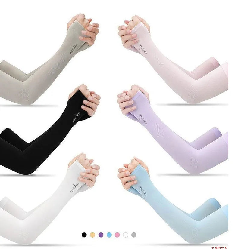 Open finger driving sun protection sleeves in five colours showing arm coverage design