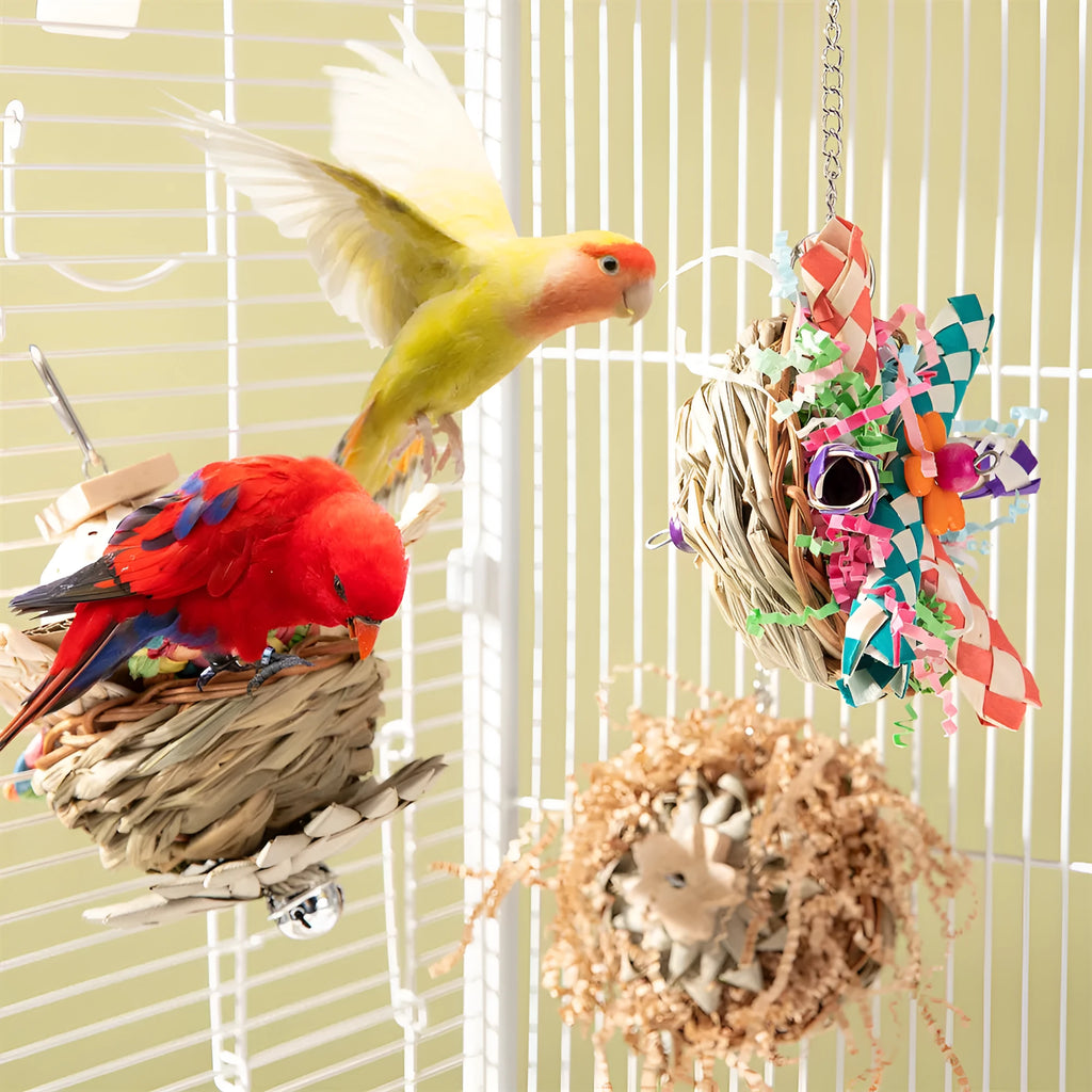 Three-piece parrot gnawing molar chew toy set with hanging attachments for cage mounting