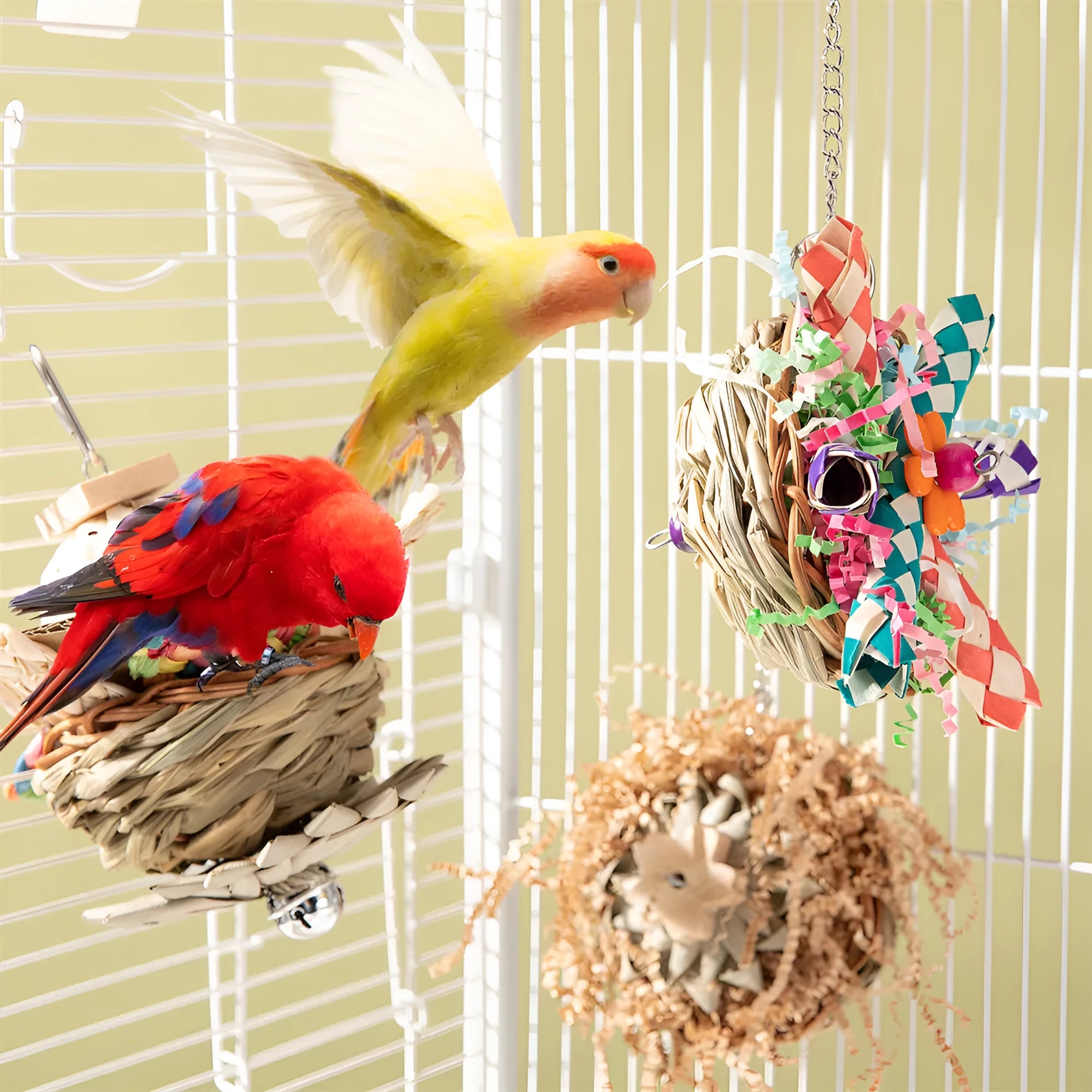 Three-piece parrot gnawing molar chew toy set with hanging attachments for cage mounting