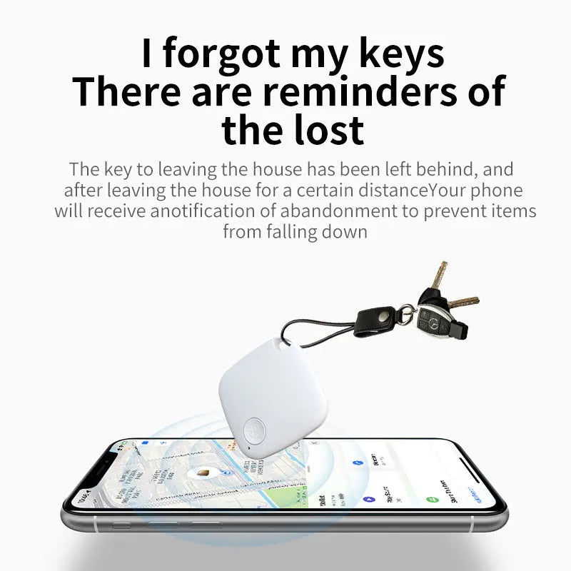 Compact black Bluetooth tracker with key ring for keys, wallets, and pets.