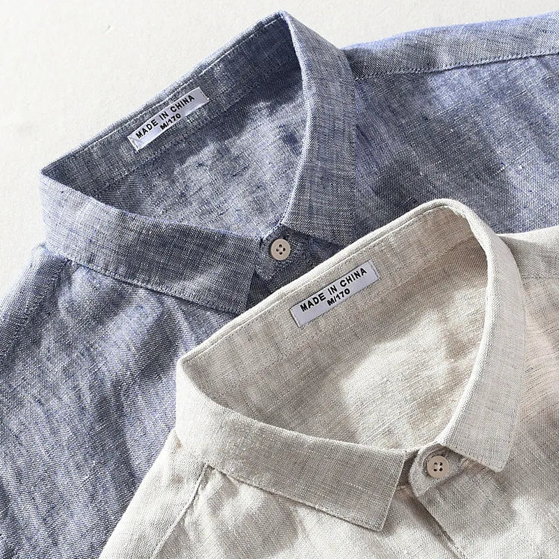 Men's linen short sleeve shirt with square collar in raw jute and grey colours