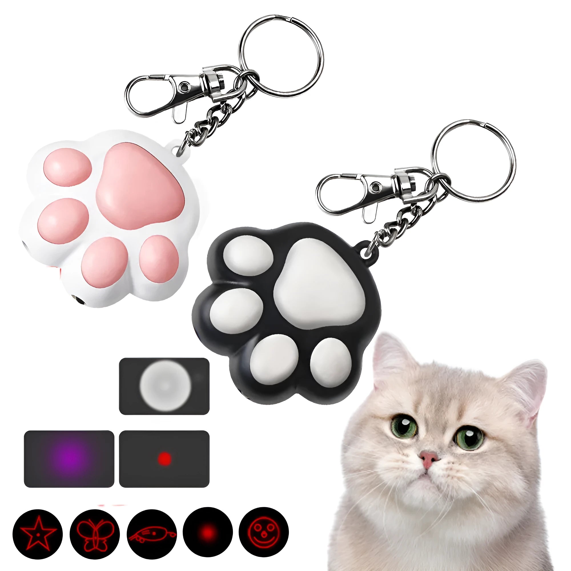 Infrared cat teaser toy with key chain lighting features showing black and pink colour options
