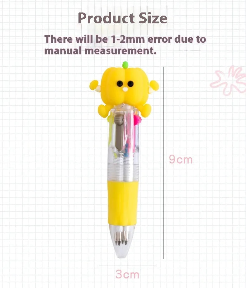 Cute cartoon press ballpoint pen showing one of five possible random designs: Cactus, Fast Food, Fruit and Vegetable, Heart Wing, or Seahorse.
