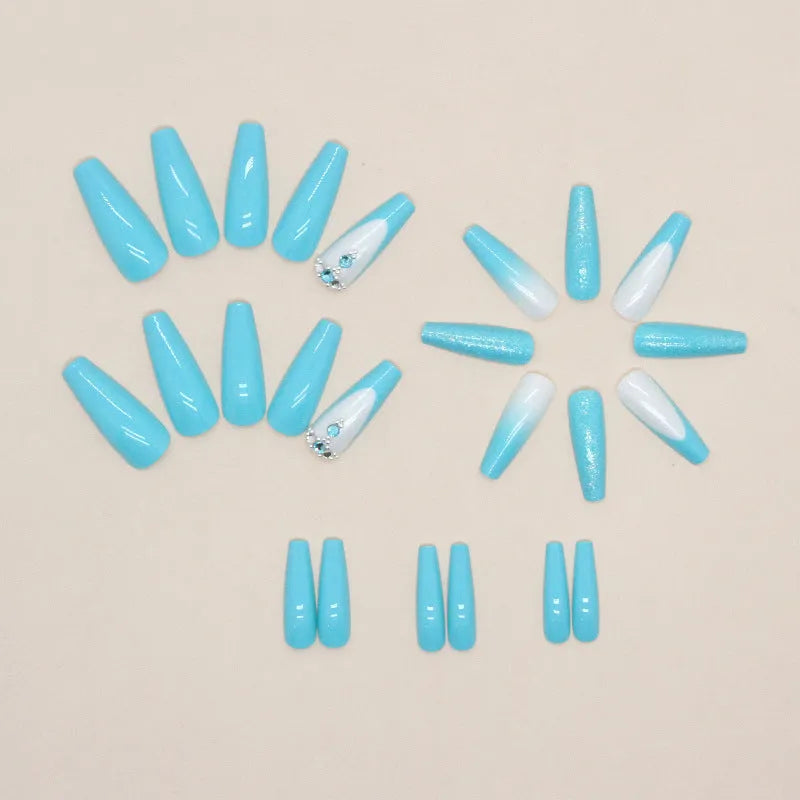 Long ballet false nails in smart blue diamond colour with adhesive glue bottle