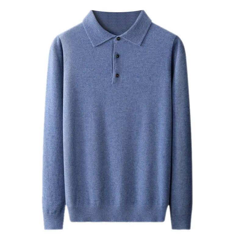 Men's woollen polo collar sweater pullover with long sleeves in multiple colour options