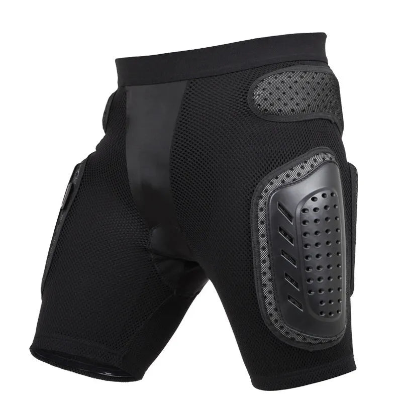Black cycling trousers with integrated protective hip padding, shown in size L.