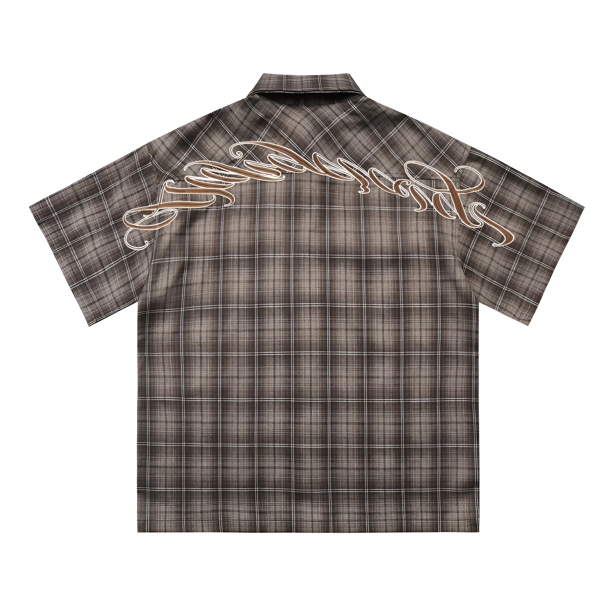 Men's black plaid shirt with embroidered letter detailing and short sleeves