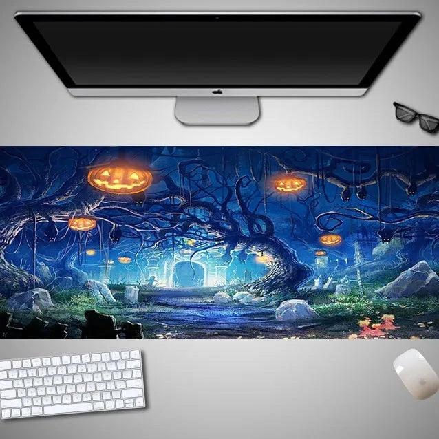 Oversized Halloween-themed mouse pad with non-slip rubber cloth base on a desk