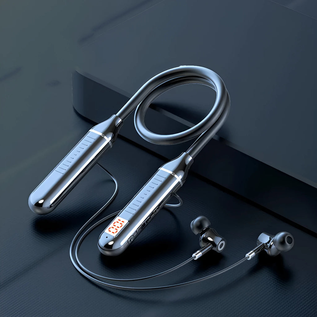 Wireless Bluetooth sports headphones with neck-hanging design showing power display card and available in four colours