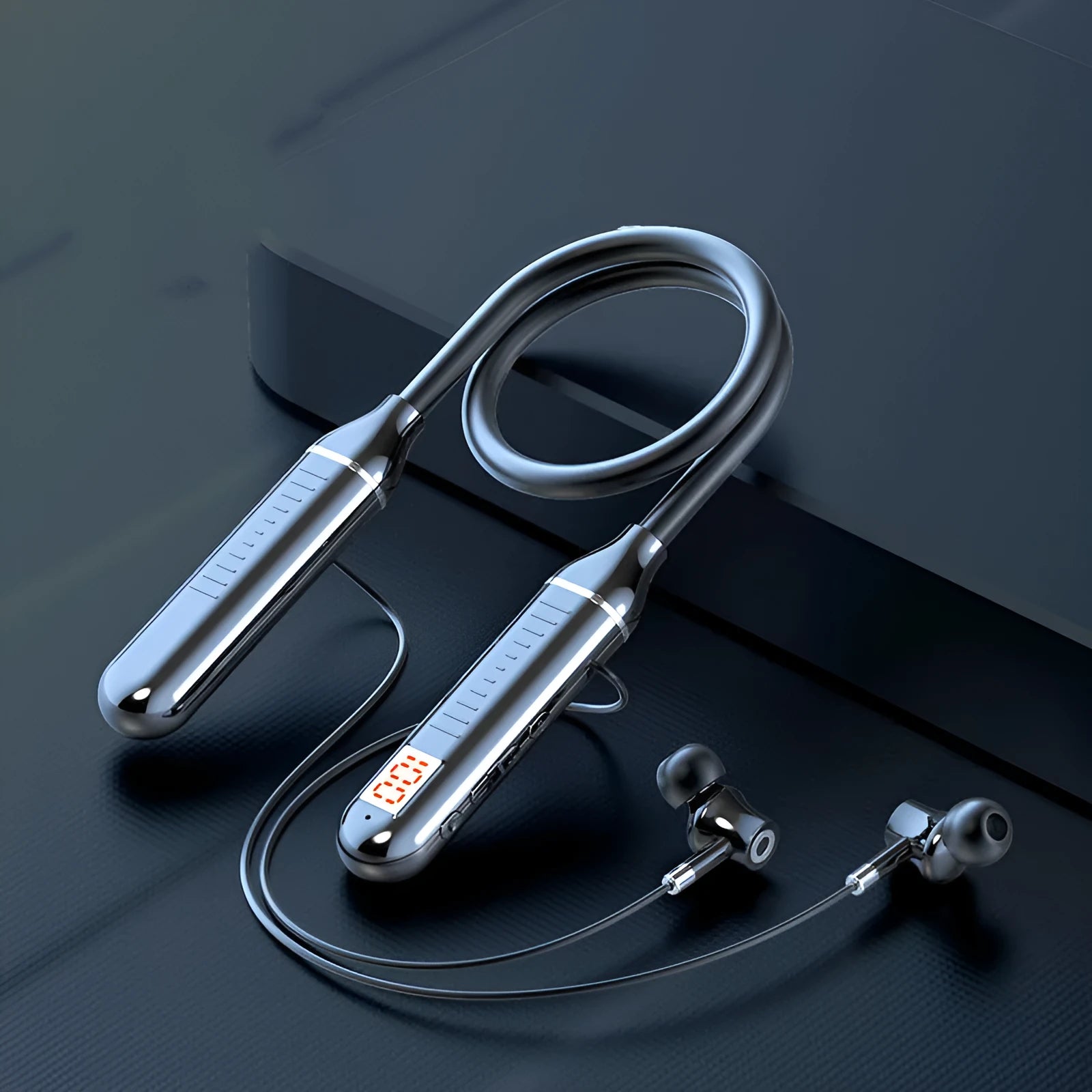 Wireless Bluetooth sports headphones with neck-hanging design showing power display card and available in four colours