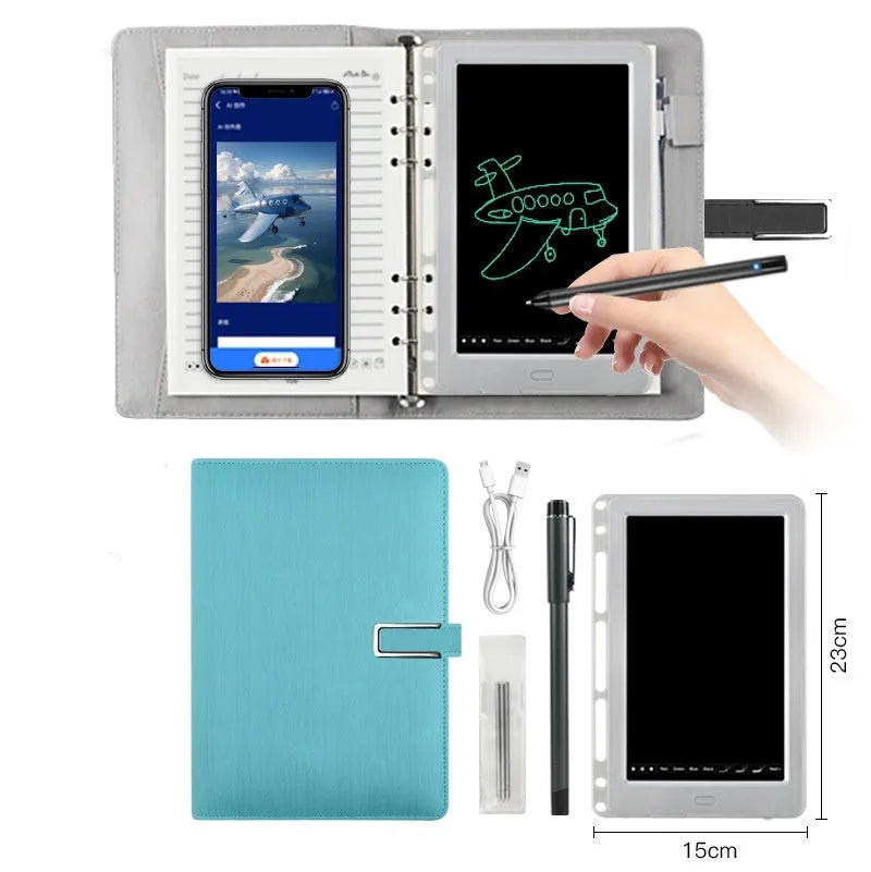 85-inch electronic writing pad with smart pen, shown in black, dark blue, or sky blue with stitching detail.