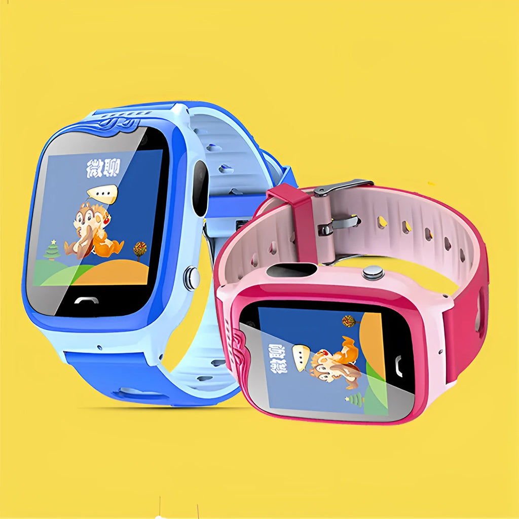 Blue children's smartwatch with GPS positioning and a 1.34-inch HD touch screen on a silicone strap.