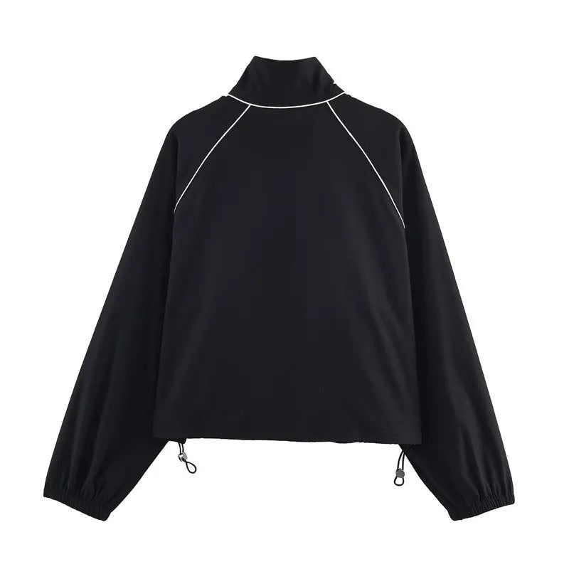 Women's black PU puffy jacket coat with long sleeves and front zipper, 50cm length, on plain background