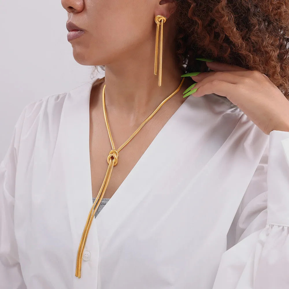 Gold knotted tassel snake chain necklace and matching earrings set