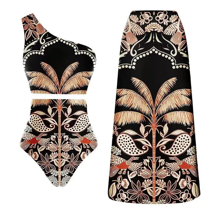 Women's black one-piece swimsuit with one-shoulder design for beach use