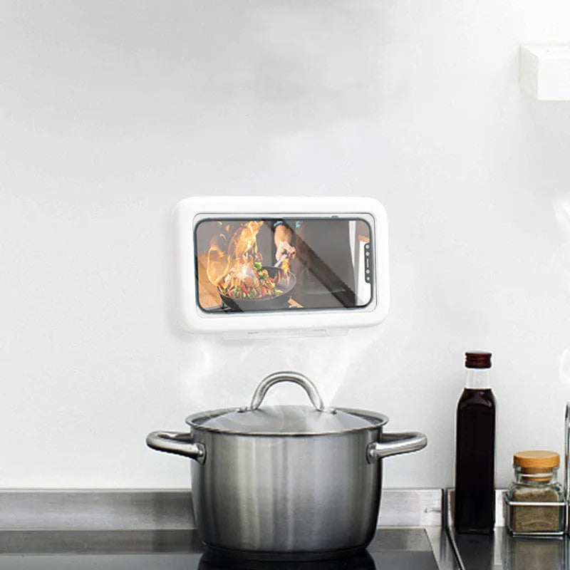 Waterproof phone holder mounted on bathroom tile showing phone inside with touch screen access