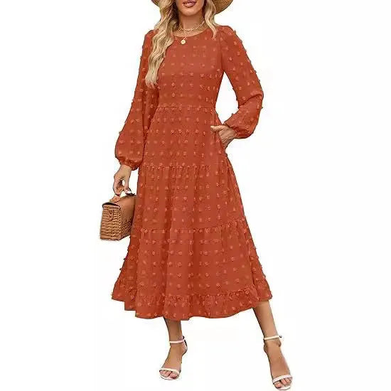 Beige casual long sleeve dress with ruffled sleeves, high waist, and round neck