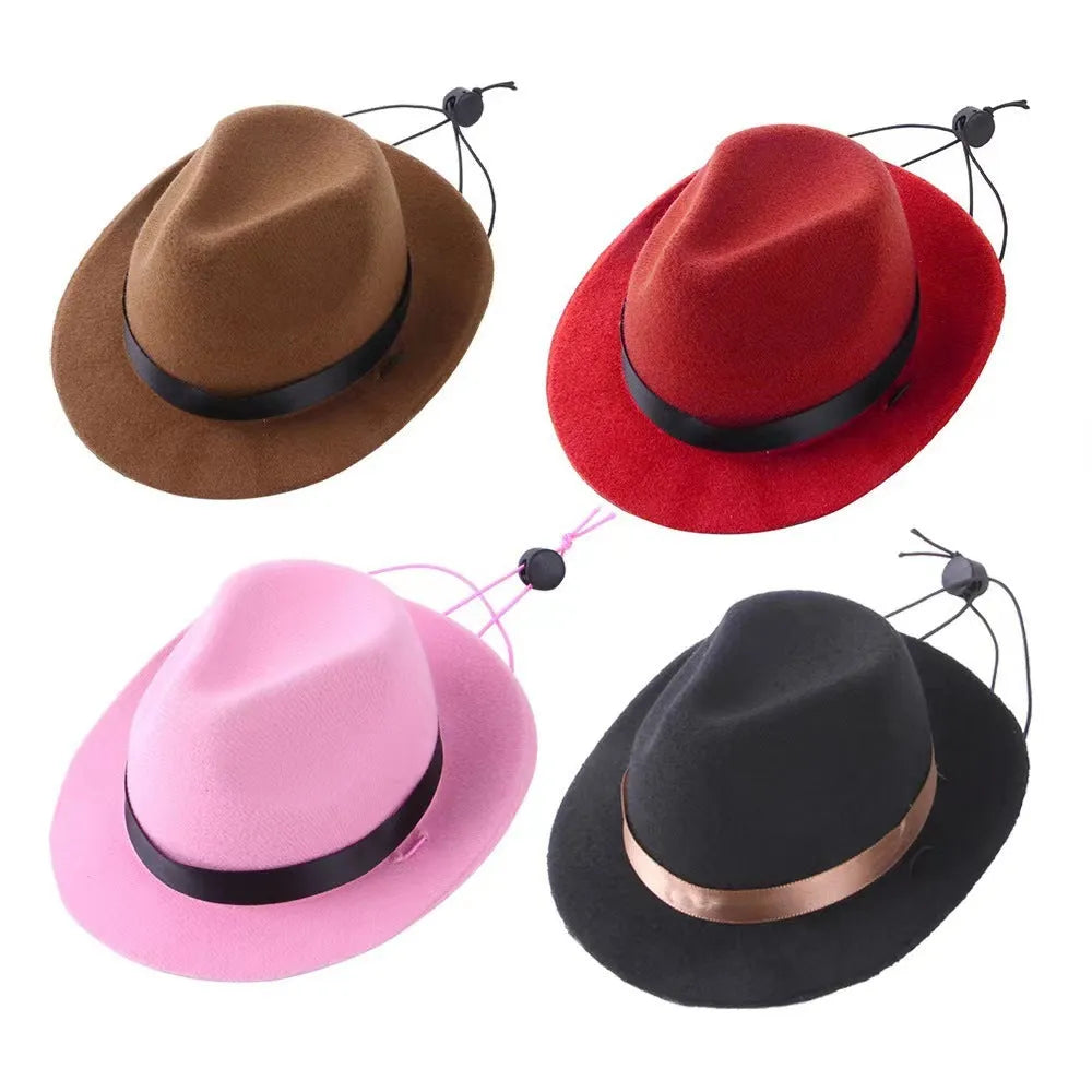 Handmade wool felt hat for small pets in black, brown, pink, or red with a 155cm diameter.