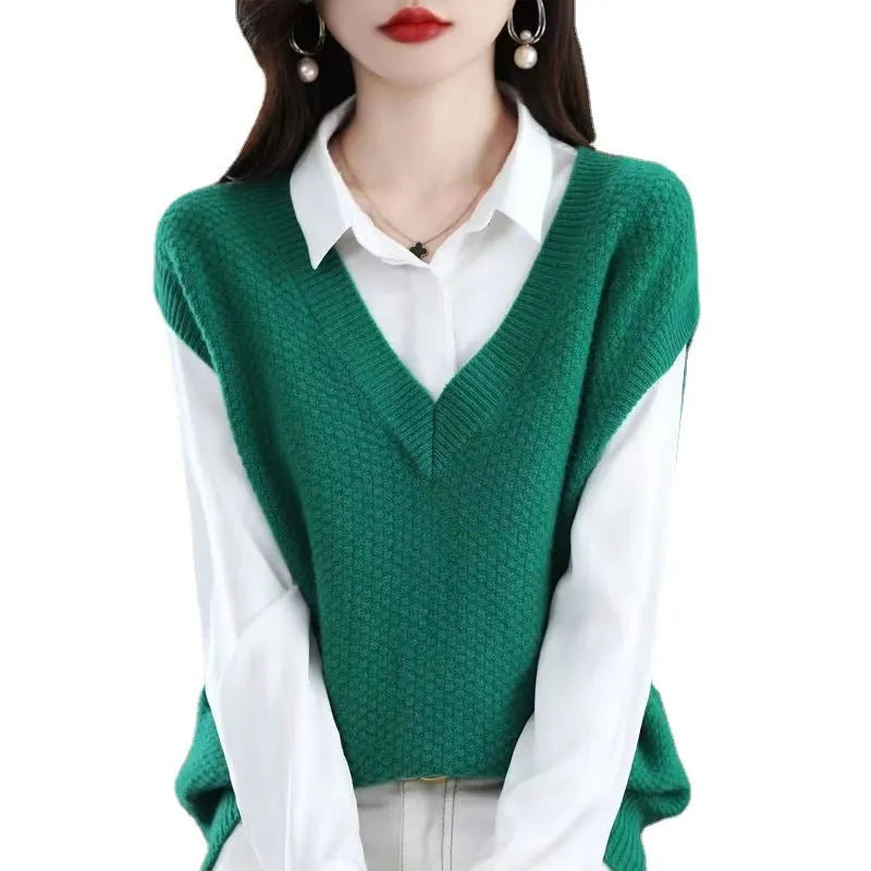 V-neck sleeveless knitted vest with 3D pattern in acrylic fibre available in six colours