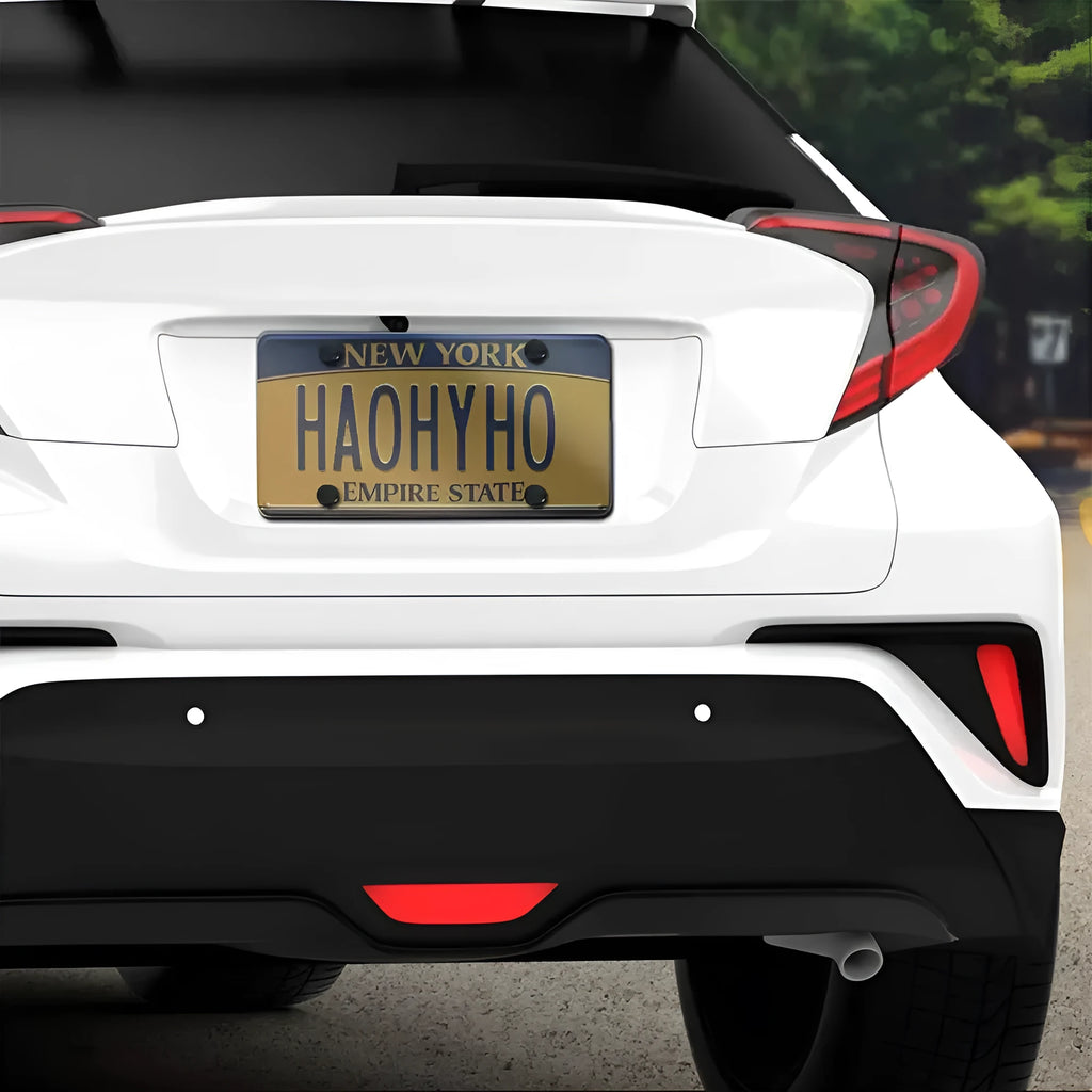 Black plastic American standard licence plate frame with two screws and nuts on a white background