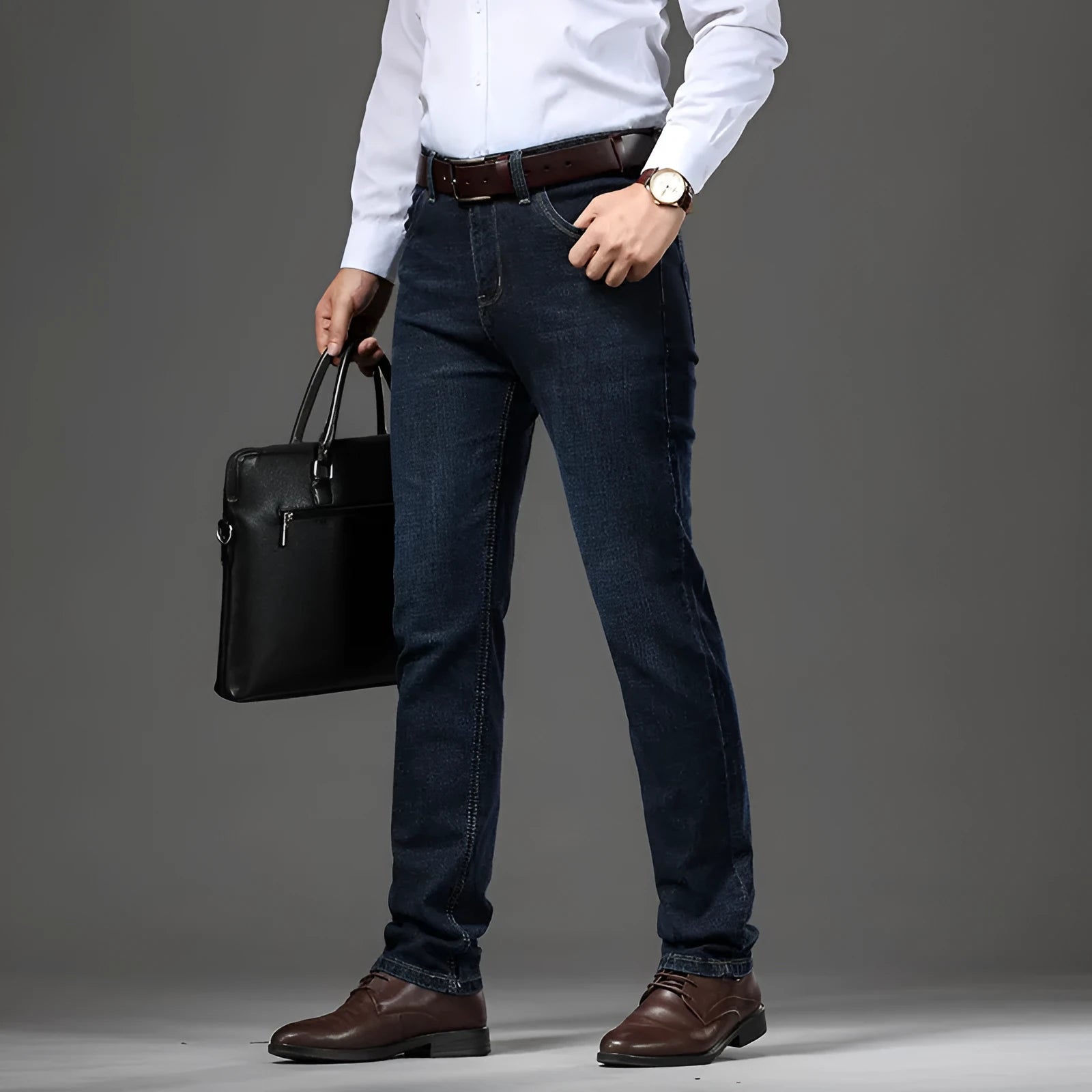Man wearing loose fit straight-leg stretch jeans in blue denim for a business casual look.