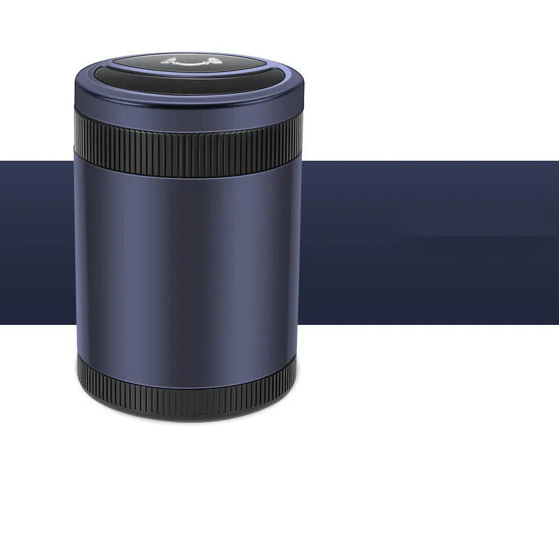 Automatic sensing vehicle ashtray in black, grey, red, or blue with USB cable.