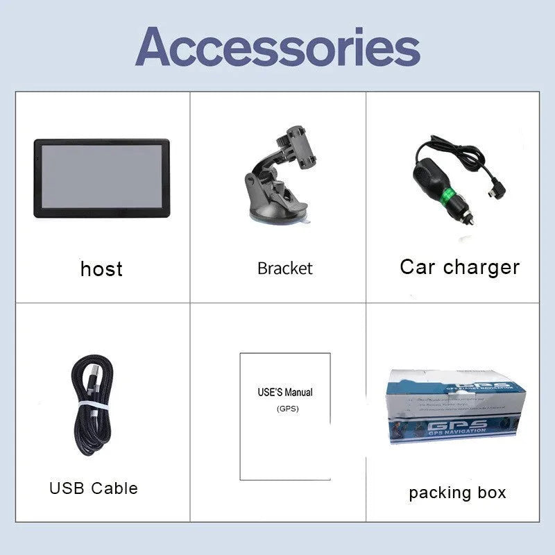 Black portable car GPS navigation device with 7-inch touch screen mounted on a bracket.