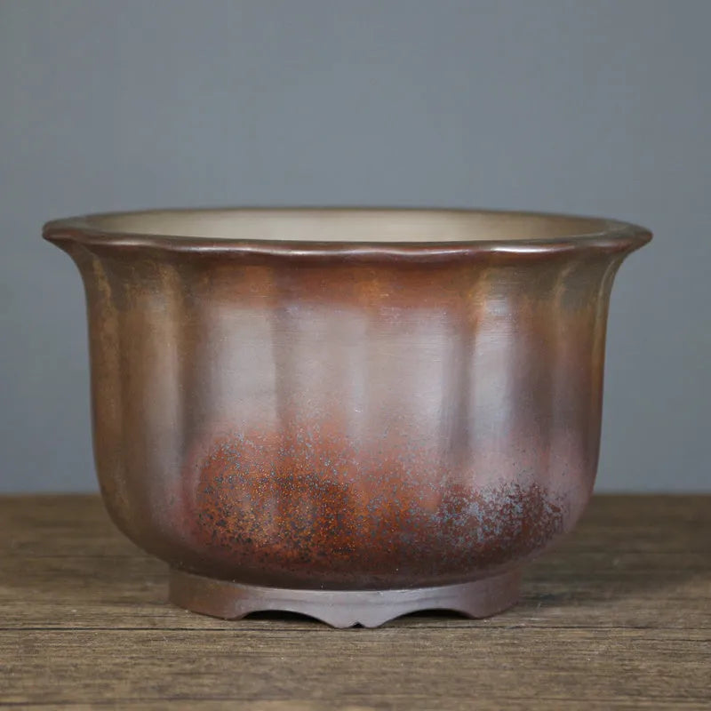 Purple sand ceramic flower pot with antique carved floral design for bonsai display