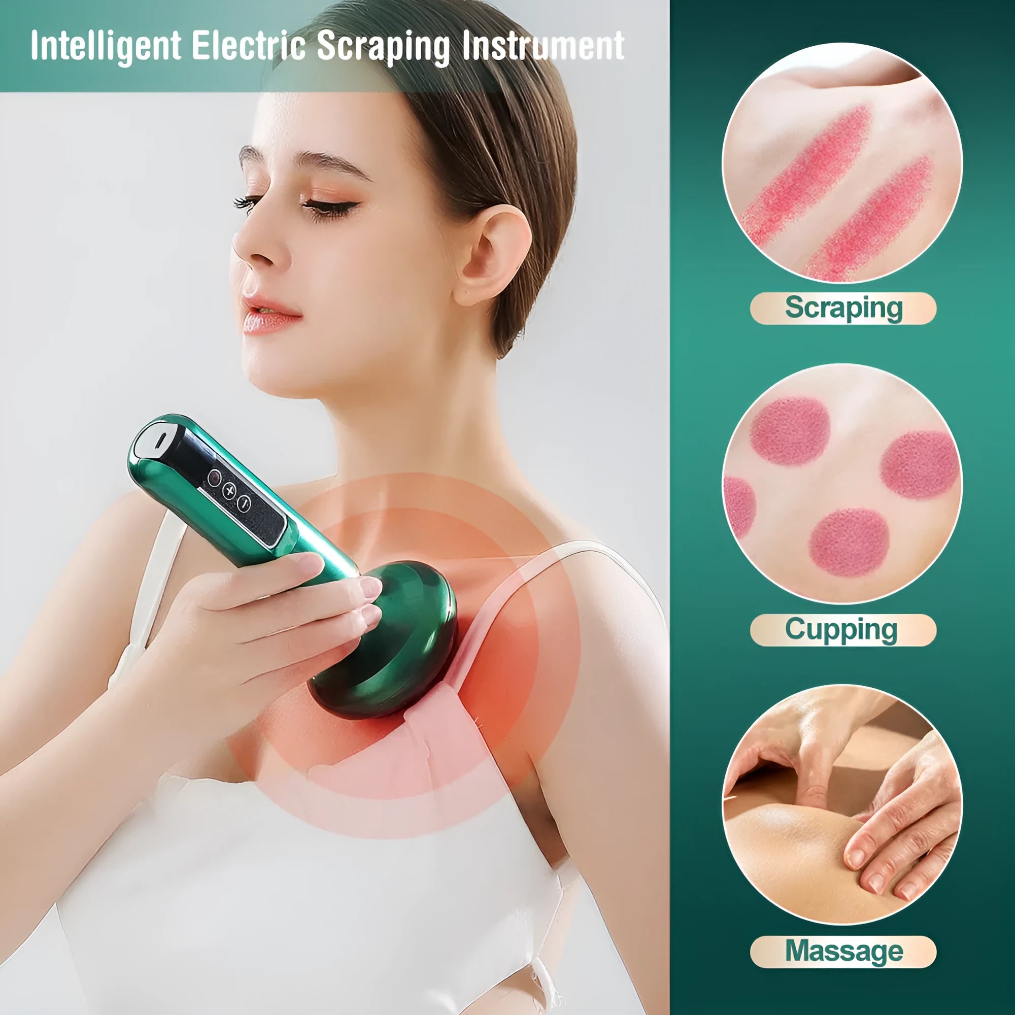 Green electric vacuum cupping massager device with USB charging cable