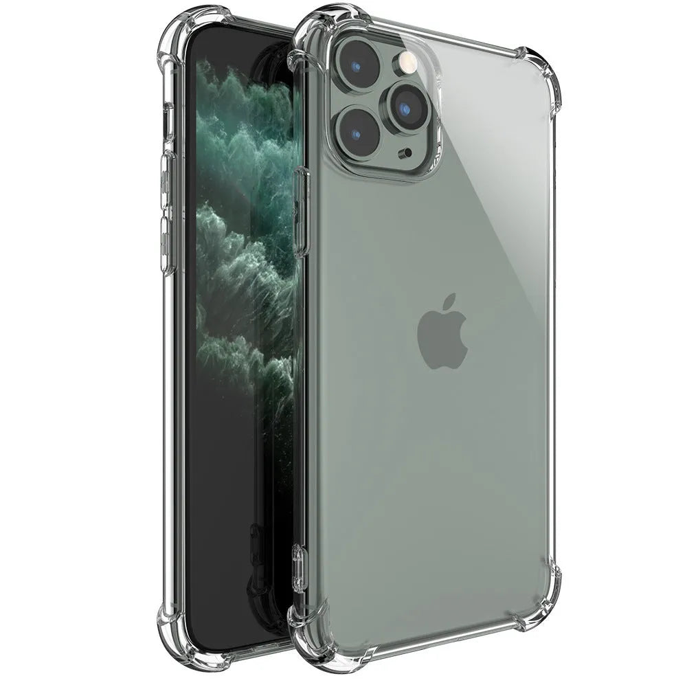 Clear transparent shockproof TPU phone case for iPhone models on a table.