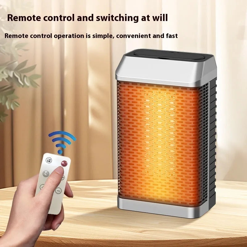 Black remote control desktop heater with oscillating louvres on a wooden desk.