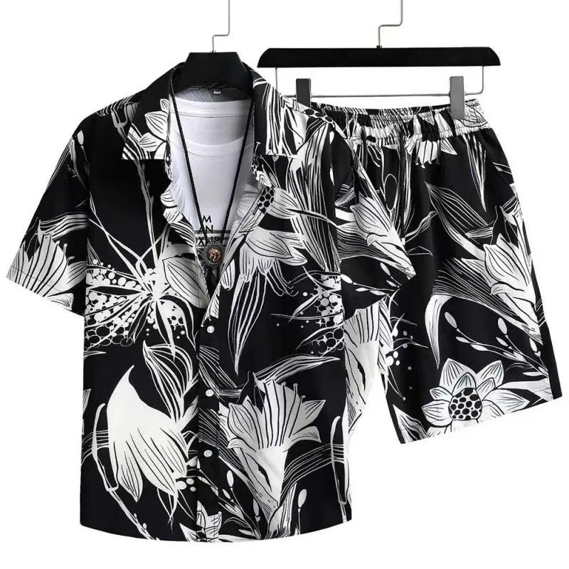Men's casual suit with digital printing on cardigan shirt and matching shorts