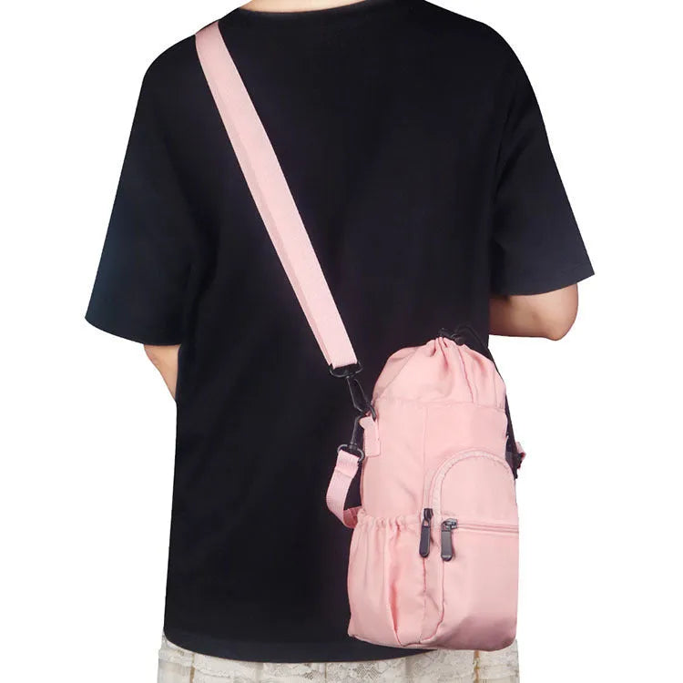 Cloth water bottle pouch with crossbody strap in black, green, and pink colour options