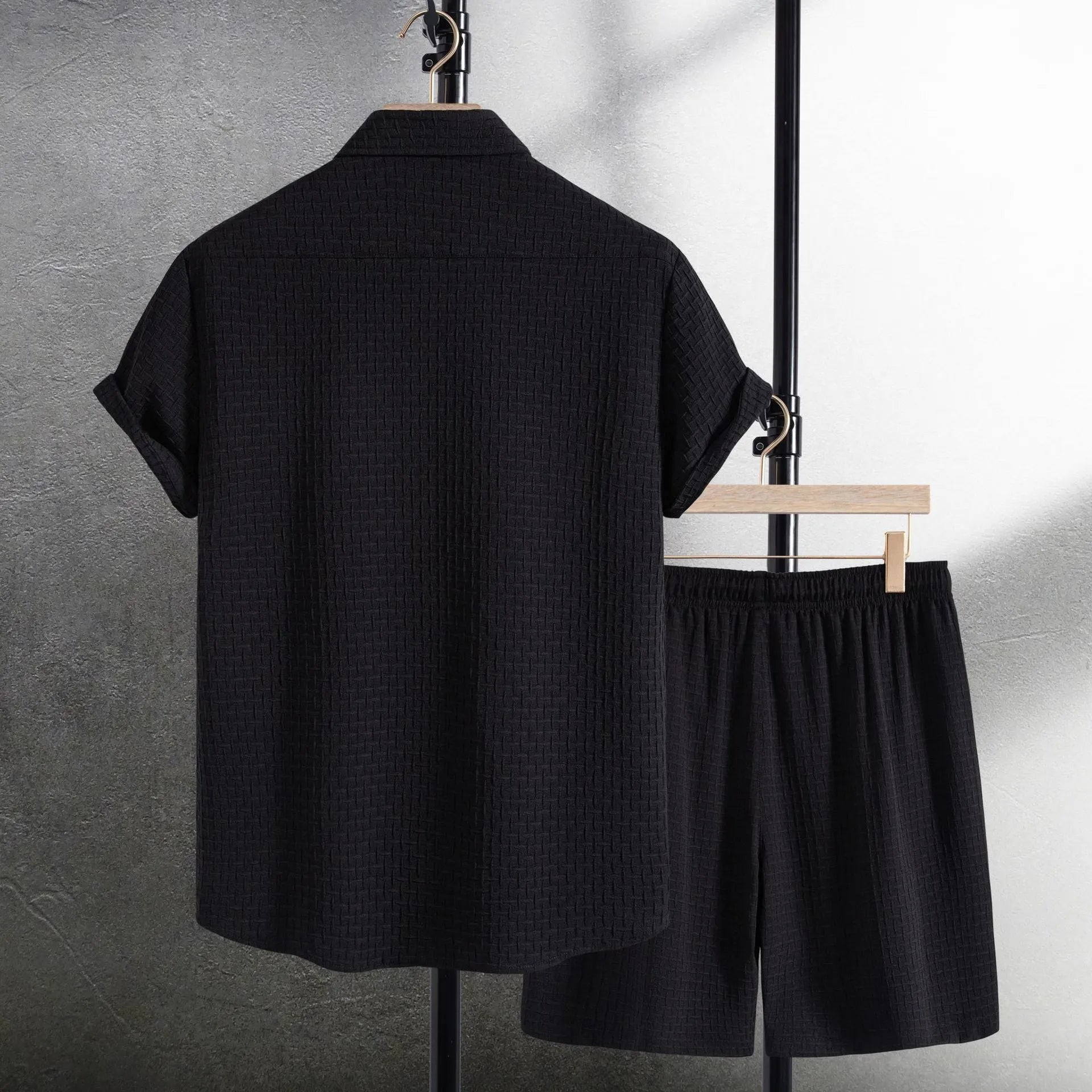 Men's black cotton blend short sleeve shirt and shorts suit for summer beach wear
