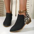Leopard print women's boots with pointed toe, chunky heel, and back zipper in beige suede