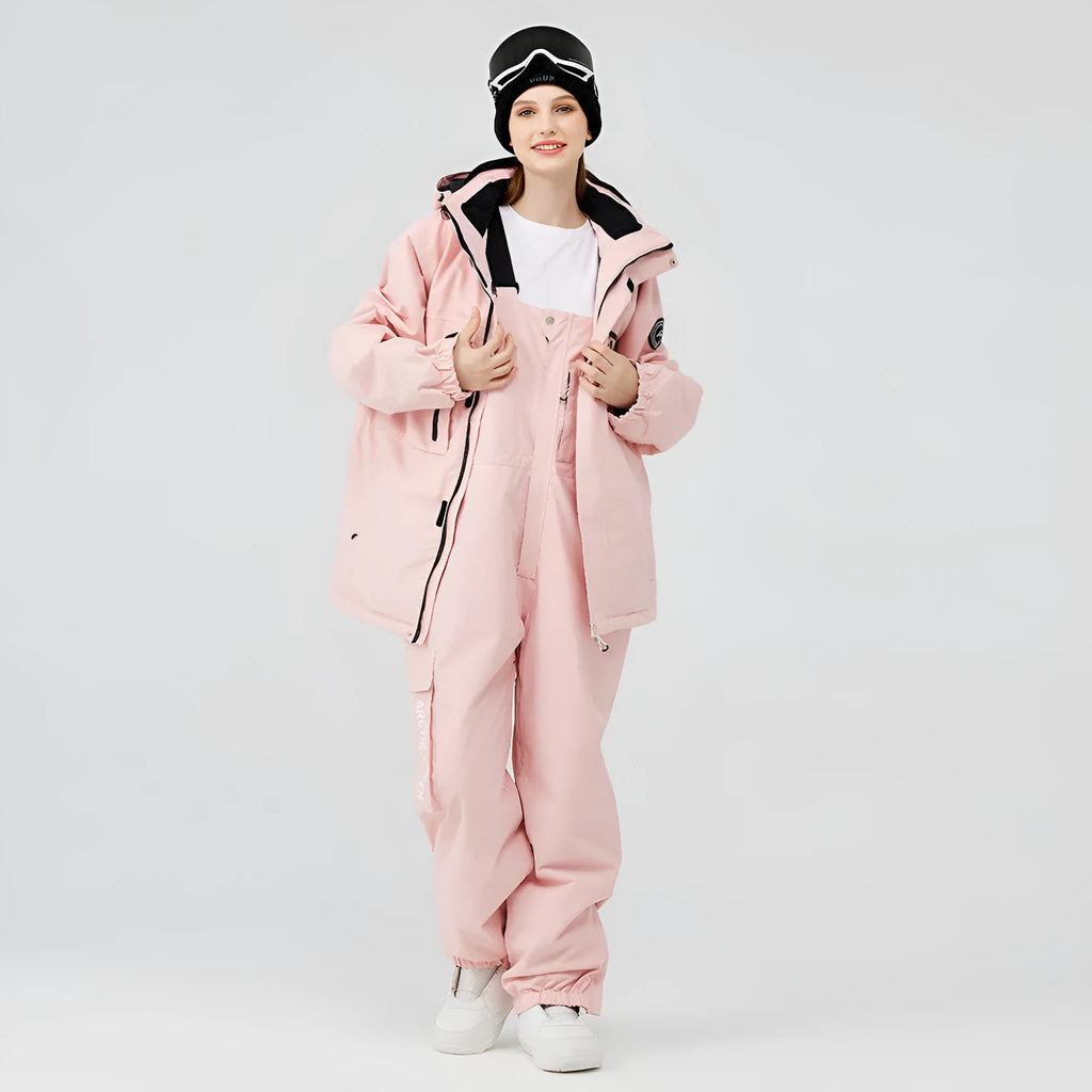 Men's and women's winter ski suit in blue top and black pants, waterproof and windproof for snow sports