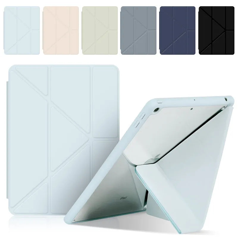 Acrylic Y-folding imitation leather iPad case in dark grey, showing stand mode and integrated pen slot.